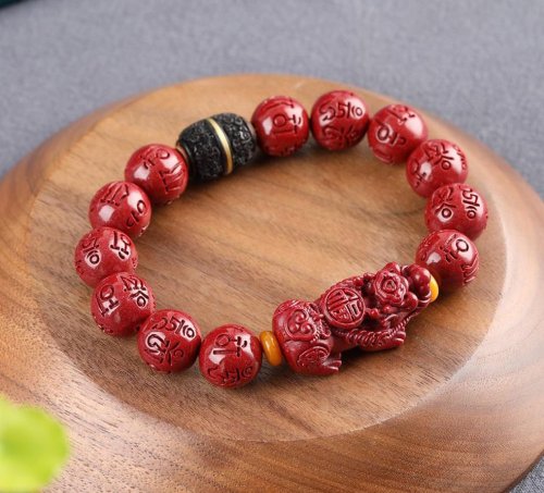 水墨 天然原礦硃砂紫金砂六字真言 貔貅手鏈精品 硃砂含量高達95以上
