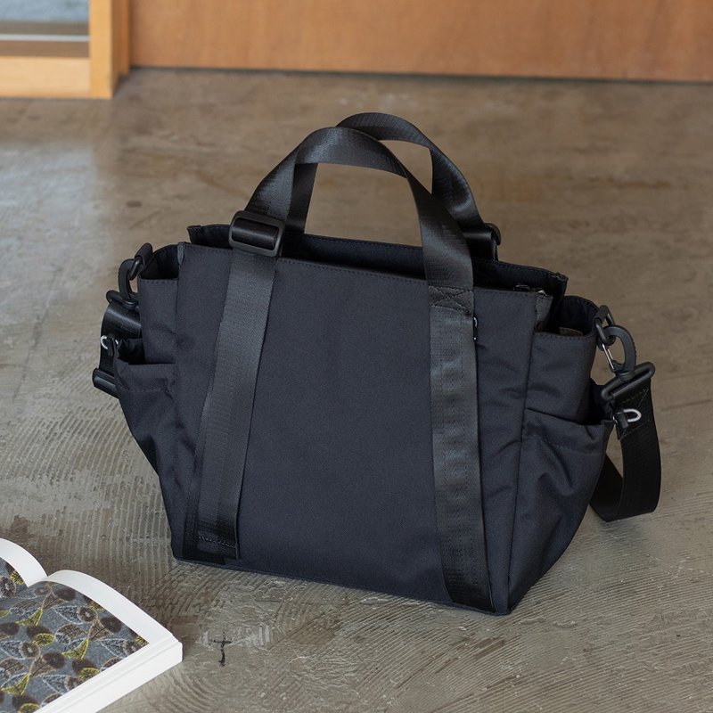 中號【黑色】10口袋3WAY多用托特包 防潑水尼龍 側背斜背 A4 - 側背包/斜背包 - 尼龍 黑色