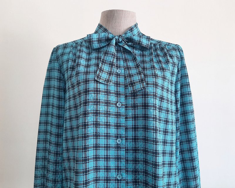 Vintage Black Blue Plaid Blouse - Women's Tops - Polyester Blue