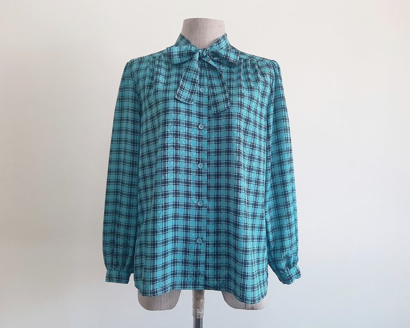 Medium Vintage Black Blue Plaid Bow Tie Neck Blouse Womens Long Sleeve Shirt M - 女上衣/長袖上衣 - 聚酯纖維 藍色