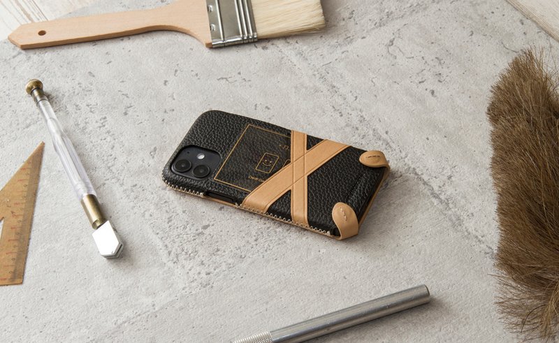 iPhone 12mini MORANDI Minimalist Series Small pebbled Leather Case -Coal Black - Phone Cases - Genuine Leather Black