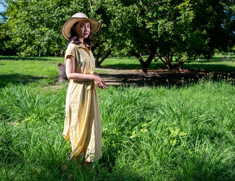 フォークチェック柄ワンピース - ワンピース - ポリエステル イエロー