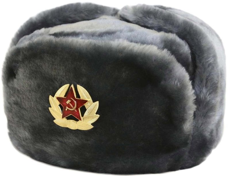 Ushanka Winter Hat Gray Fur Made in Russia USSR Military Soviet Army Soldier Pin - Hats & Caps - Other Materials Gray