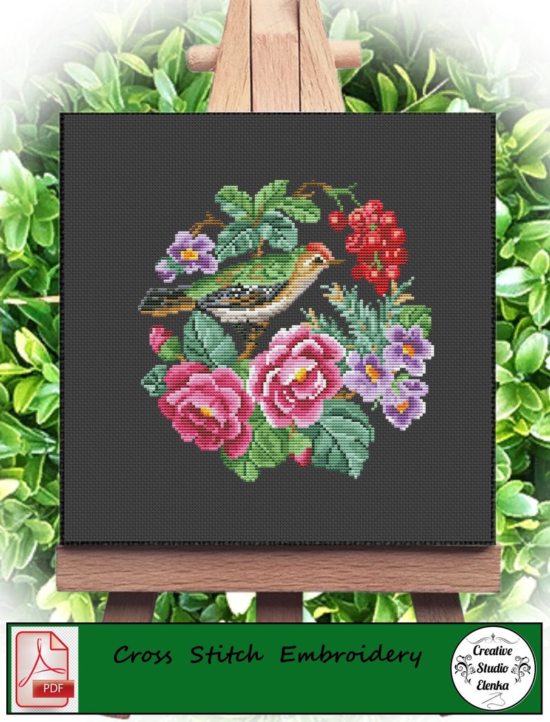 Bird and berries cross stitch pattern - คอร์สงานฝีมือ/หนังสือคู่มือ - วัสดุอื่นๆ 