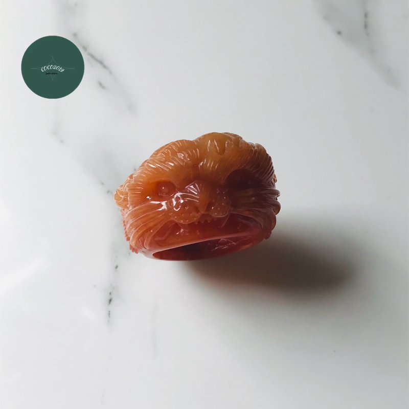 稀有緬甸a貨　紅黃翡翠雕刻戒指　虎牙細緻雕工　R641-001 - 戒指 - 玉石 紅色