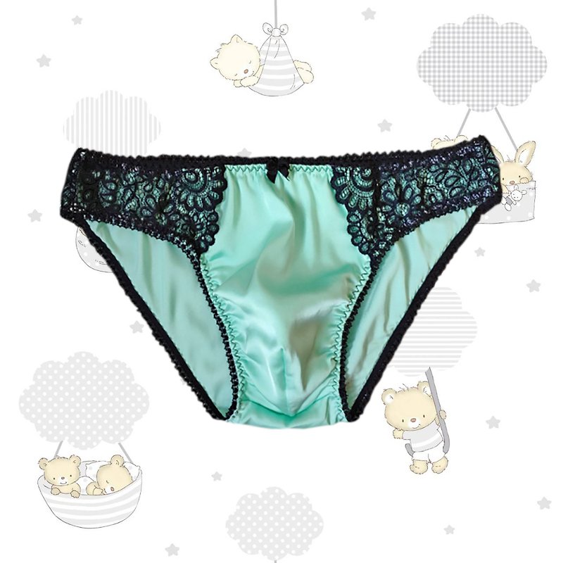 Low-rise Mint silk fabric briefs with Black Lace, Silk Satin Panties for men - 男內衣褲 - 絲．絹 綠色