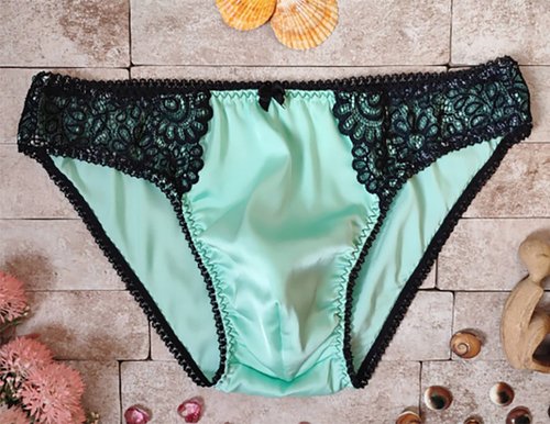 Low-rise Mint silk fabric briefs with Black Lace, Silk Satin