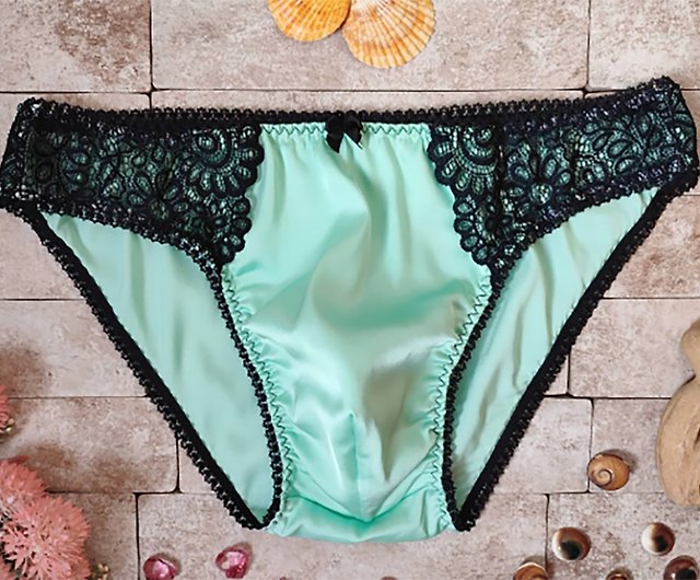 Low-rise Mint silk fabric briefs with Black Lace, Silk Satin