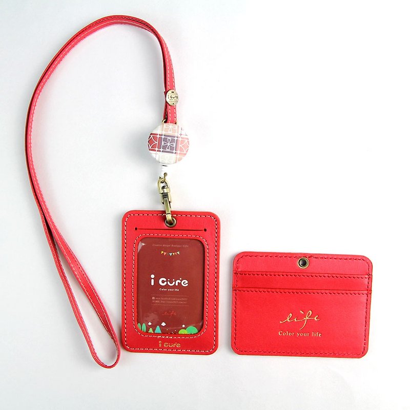 my life staff hand-made leather certificate card set / courage red leather hand-made ticket card holder card sleeve telescopic - ที่ใส่บัตรคล้องคอ - หนังแท้ สีแดง