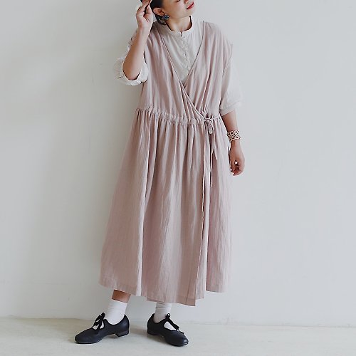 dookkara 灰粉色雙層印度棉紗斜襟背心裙 2way洋裝