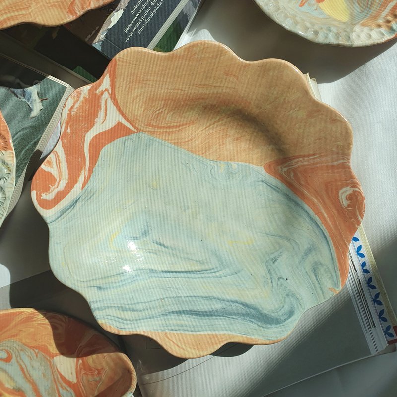 Hand Built Plate | Marbling | Ceramic Handmade | Pasta Bowl - Pottery & Ceramics - Pottery Multicolor