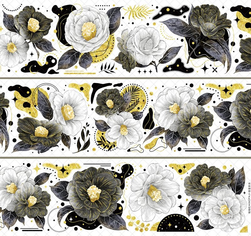 Yumo tea dyed black and white gold large flower ちゃばな PET paper tape hot stamping 10 meters roll - Washi Tape - Plastic Gold