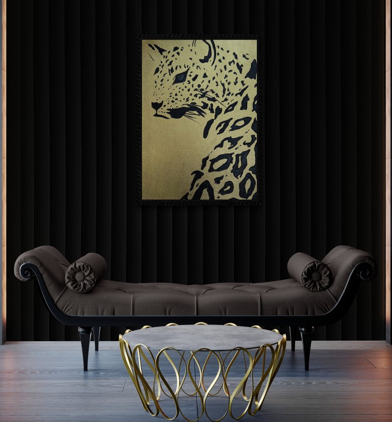 Large Abstract Panther Oil Painting on Canvas Wall Ar Picture for Living Room - ตกแต่งผนัง - ผ้าฝ้าย/ผ้าลินิน สีทอง