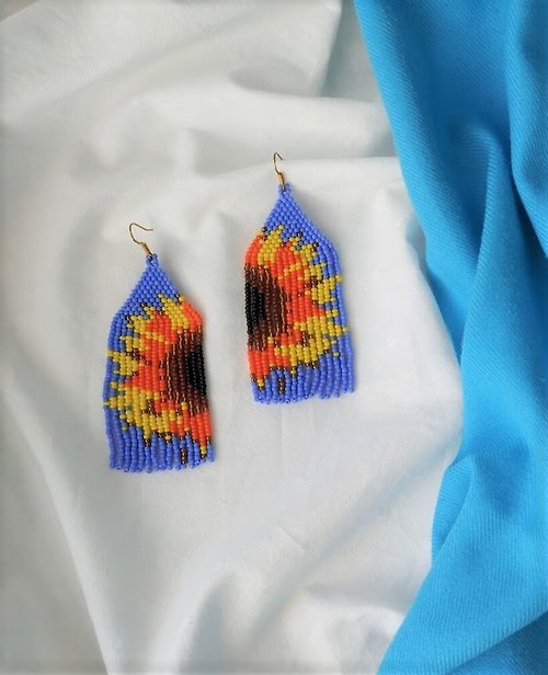 Veraliki Yellow and Blue Sunflower Dangle Earrings. Handmade Unique Sunflowers Jewelry.