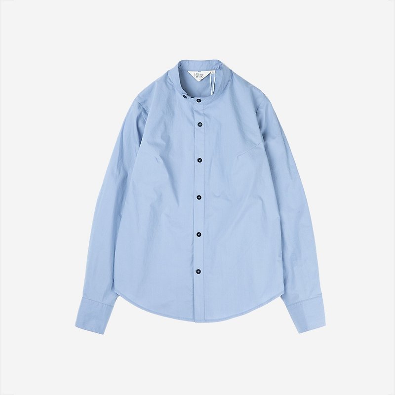 コットングレーブルーの小さなスタンドストレートシャツNO.481 - シャツ・ブラウス - コットン・麻 ブルー