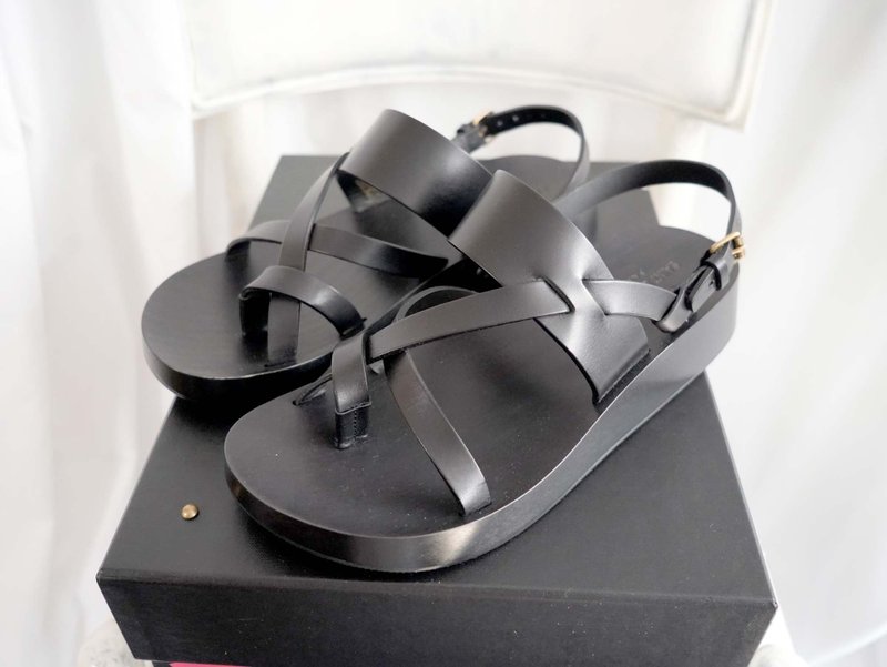 No. 43 shoes SAINT LAURENT black thick leather Roman sandals slippers French luxury high-end brand - Sandals - Genuine Leather Black