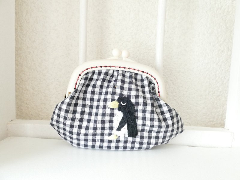 Embroidered embroidery gingham check penguins - Toiletry Bags & Pouches - Cotton & Hemp Blue