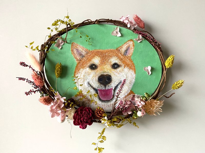 【Customized gifts】Floral pet custom painting I house number hanging decoration I dried flower I diffused flower gift - ม่านและป้ายประตู - ผ้าฝ้าย/ผ้าลินิน สีเขียว