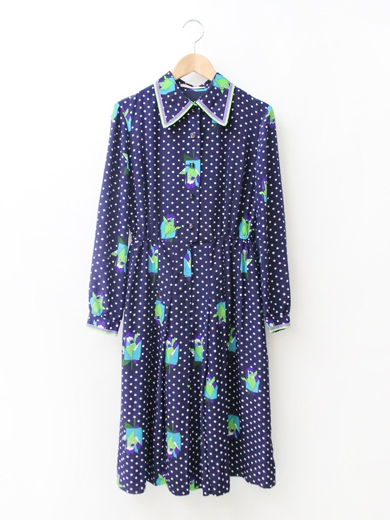 【RE0809D1347】 summer Japanese system retro geometry little dark blue long-sleeved ancient dress - ชุดเดรส - เส้นใยสังเคราะห์ สีน้ำเงิน