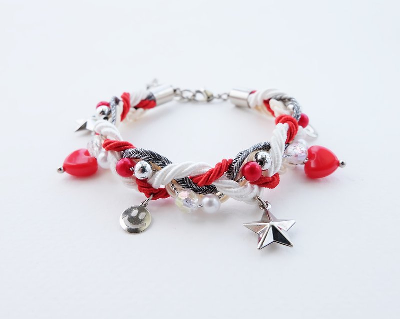 Smiley charms braided bracelet in red/white color - Bracelets - Other Materials Red