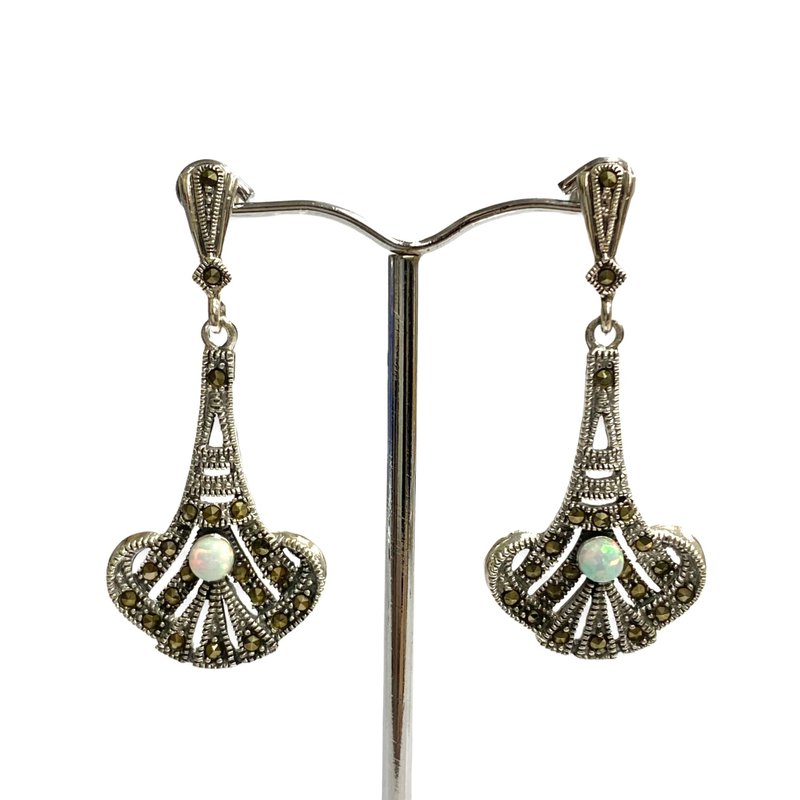 Art Deco Gilson Opal & Marcasite Drop Set Pendant & Earrings 925 Sterling Silver - 耳環/耳夾/耳骨夾 - 純銀 銀色