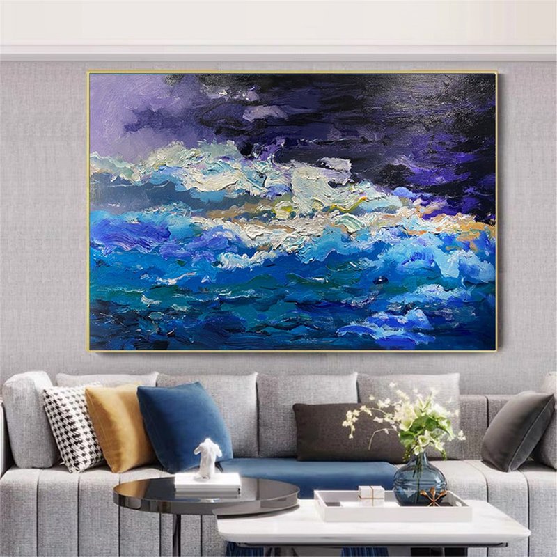 Abstract sea art acrylic Painting on Canvas Wall Art framed for Living Room - Posters - Linen Blue