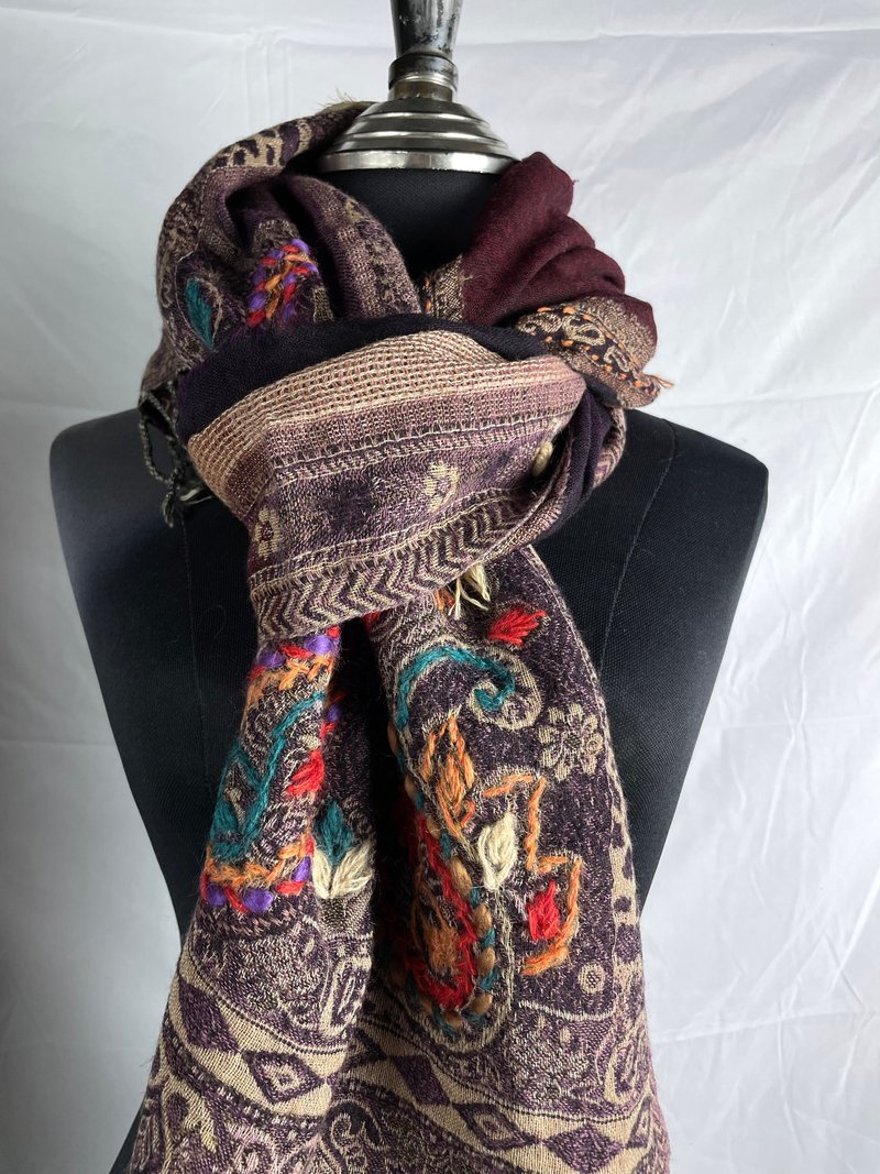 Kashmir Thick Woven Boiled Wool Hand Embroidered Scarf Shawl- Wine Red - ผ้าพันคอถัก - ขนแกะ สีเหลือง