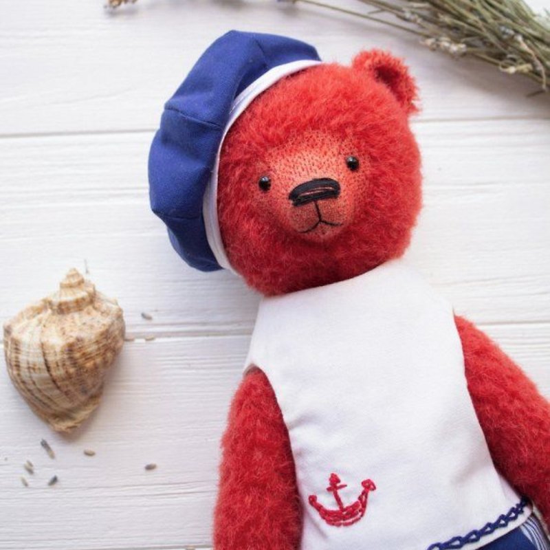 Artist red teddy bear in clothes, handmade plush toy, stuffed bear - Other - Other Materials Red