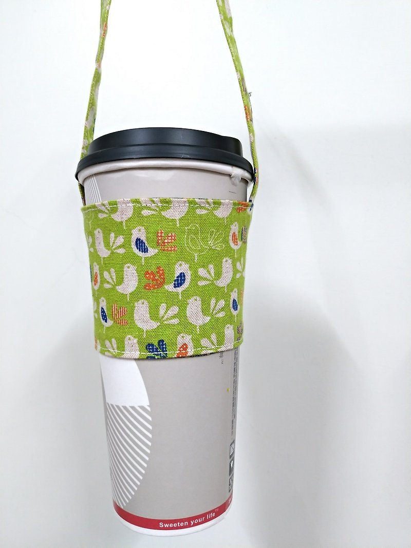 Beverage Cup Holder, Green Cup Holder, Hand Beverage Bag, Coffee Bag Tote Bag-Happy Blue Bird (Green) - ถุงใส่กระติกนำ้ - ผ้าฝ้าย/ผ้าลินิน 
