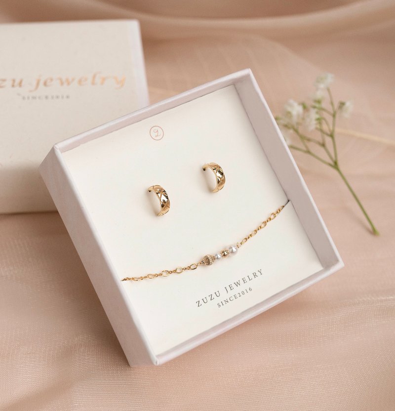 Valentine's Day Gift Vintage Rib Earrings Bracelet Gift Box Set 925 Sterling Silver - สร้อยข้อมือ - เงินแท้ สีทอง