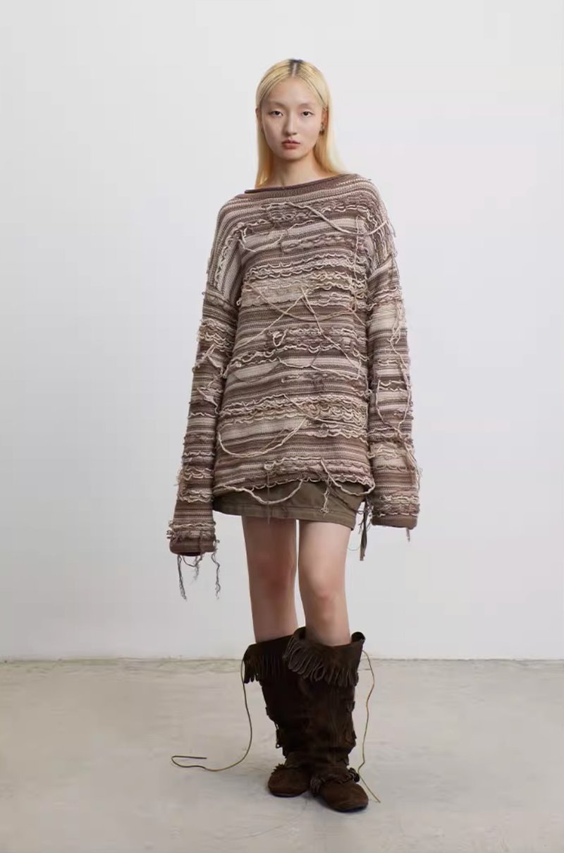 Tassel Sweater 手工流蘇不規則條紋毛衣 - 女毛衣/針織衫 - 其他材質 咖啡色
