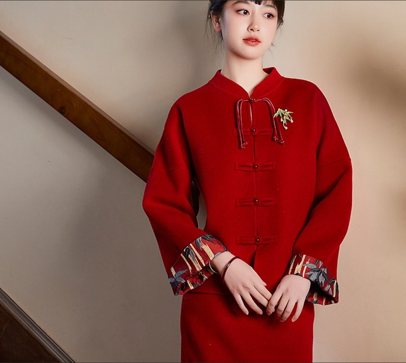 【歲竹逢春】法式復古少女/上衣/半裙 - 洋裝/連身裙 - 羊毛 紅色