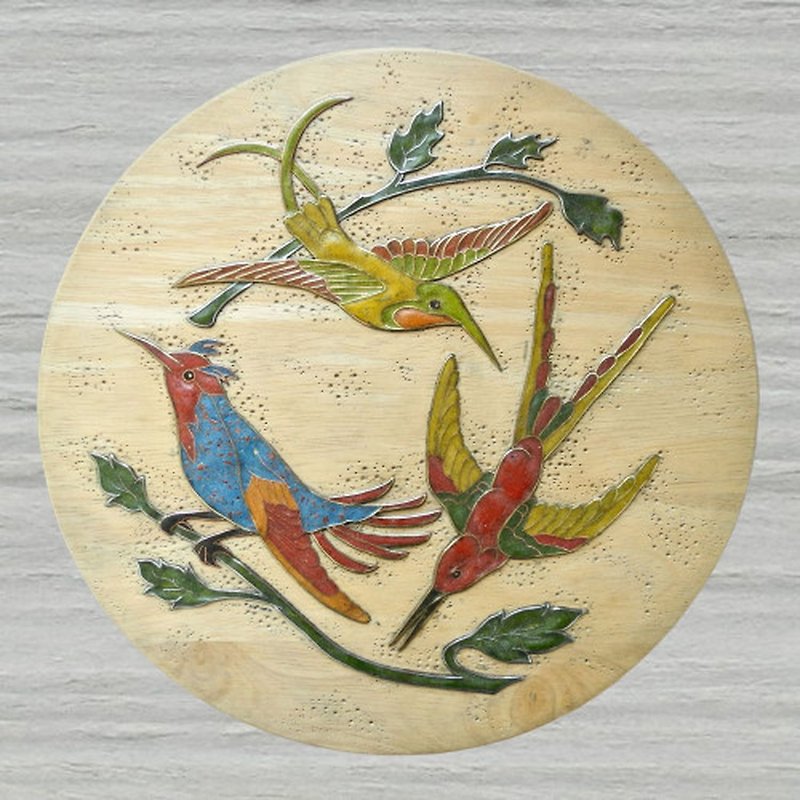ハチドリが描かれた木製の象眼細工の壁の装飾 - ウォールデコ・壁紙 - 木製 多色