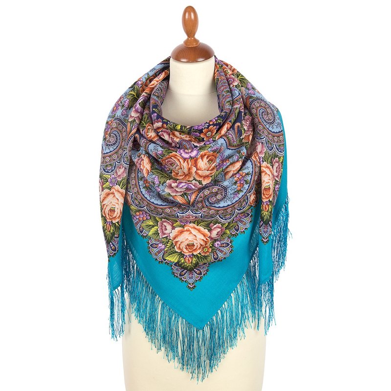 Pavlovo Posad Russian Shawl 100% Wool Scarf 125x125 cm Wrap Silk Fringe 2025-11 - Scarves - Wool Blue