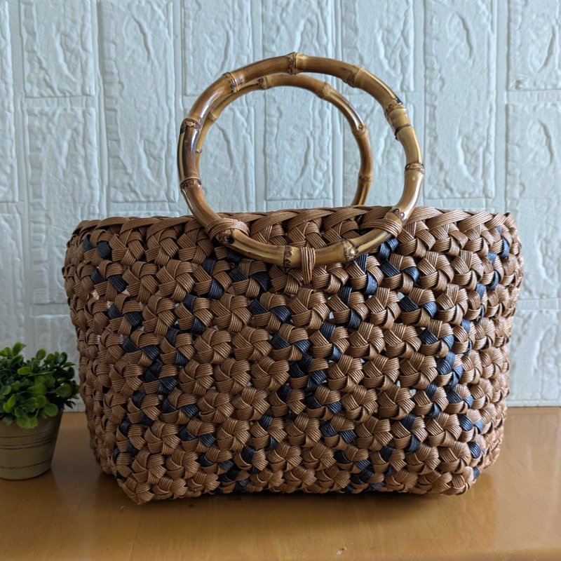 栗子色花結竹節提把大容量籃子包 紙繩製 外出 午餐 聚餐 旅行 學習 自然 環保 日式現代 風格 傳統工藝 - 手袋/手提包 - 紙 咖啡色