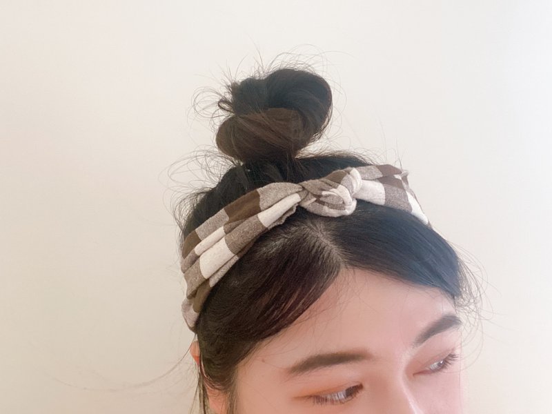 Morning coffee Japanese grid thin version single-knot hairband ggoomstudio upgraded version - ที่คาดผม - ผ้าฝ้าย/ผ้าลินิน สีนำ้ตาล