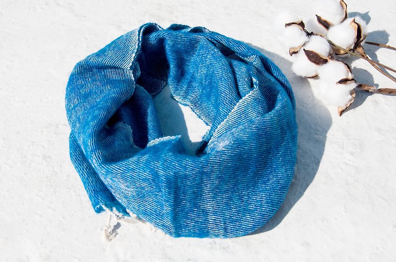 聖誕禮物純羊毛絲巾/手工針織圍巾/編織圍巾/純羊毛圍巾-藍色海洋 - 絲巾 - 羊毛 藍色