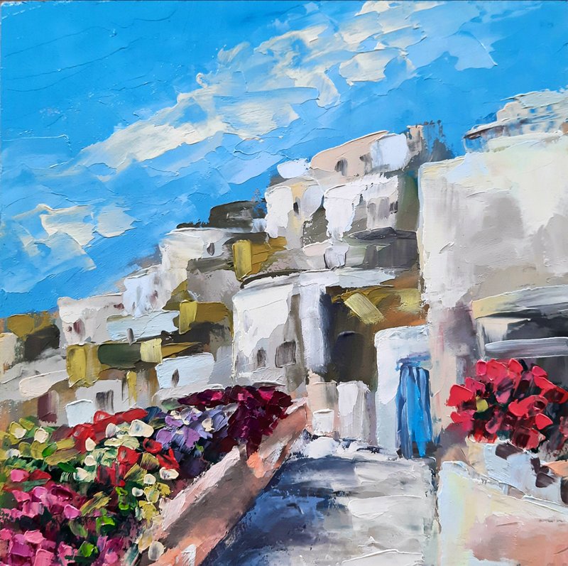 Greece Painting Cityscape Original Oil Painting Small Wall Art Impasto Painting - โปสเตอร์ - ไม้ สีน้ำเงิน
