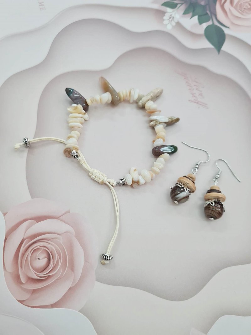 (Set 2 in 1) Brown Agate Earrings and Freeform Brown Agate Stone Bracelet - 耳環/耳夾/耳骨夾 - 石頭 咖啡色