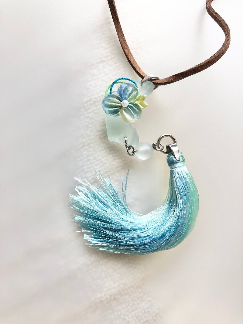 Aqua sea glass pendant with cyan kanzashi flower and tassel necklace - Necklaces - Glass Transparent