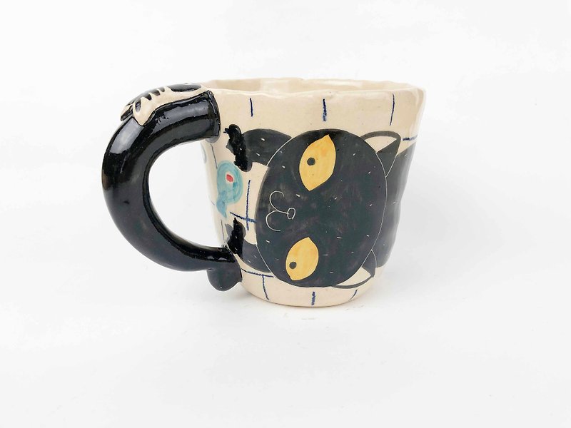 Nice Little Clay handmade mug happy black cat 0103-29 - Mugs - Pottery Multicolor