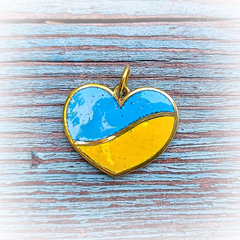 Yellow-blue heart shaped necklace pendant,Ukraine yellow blue heart jewelry,hand - สร้อยคอ - ทองแดงทองเหลือง หลากหลายสี