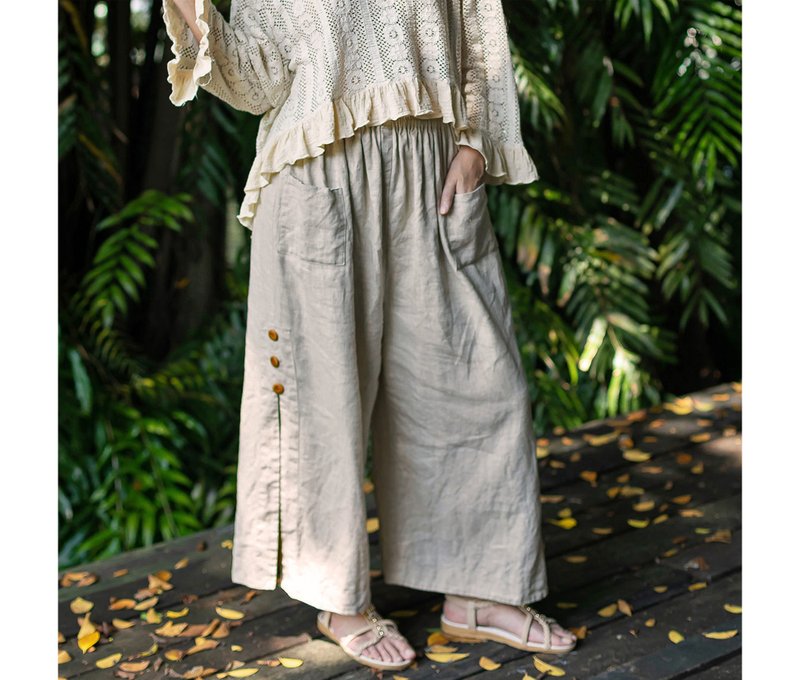Loose fitting linen pants in natural colour and elastic waist, side slit - 女長褲 - 亞麻 卡其色