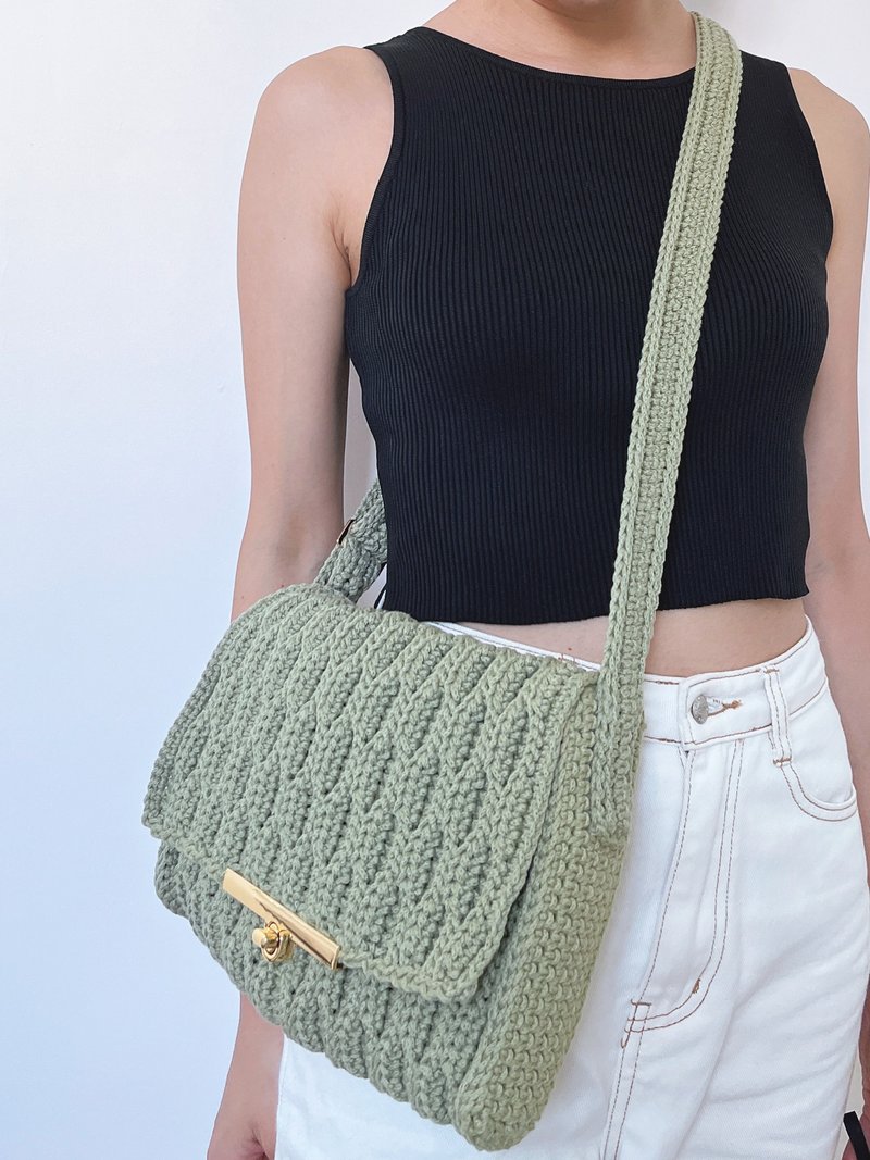 Handmade crochet Waves crossbody bag - avocado green knit cotton handbag purse - Messenger Bags & Sling Bags - Cotton & Hemp Green