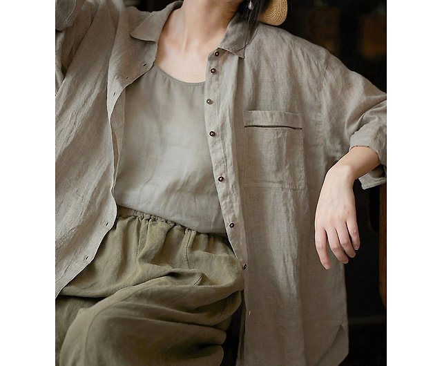Plain Linen fine linen light and breathable lapel collar cardigan shirt  women - Shop NoZen Women's Shirts - Pinkoi