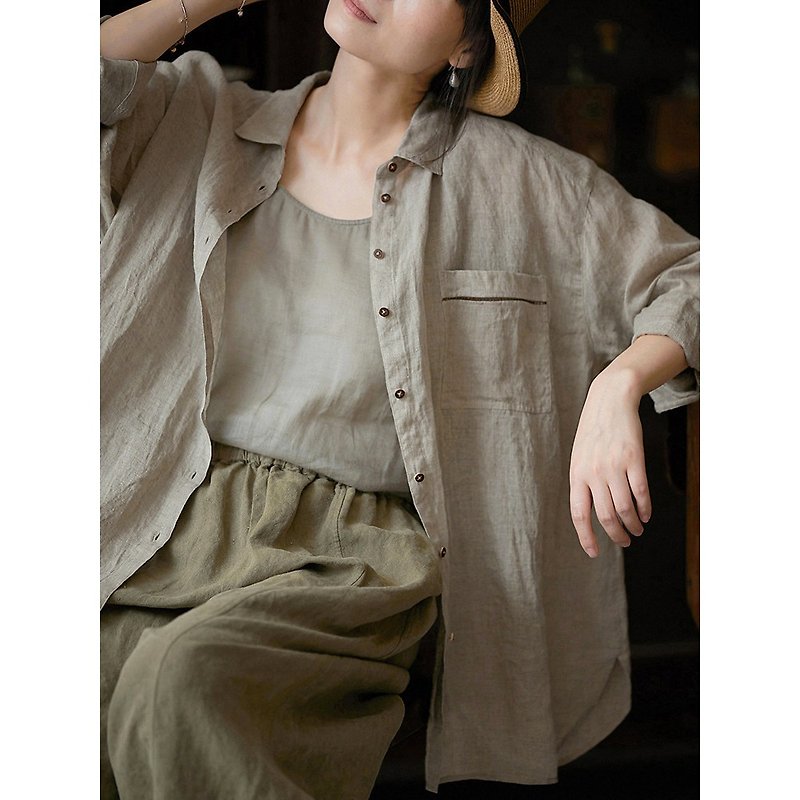 Plain Linen fine linen light and breathable lapel collar cardigan shirt women - เสื้อเชิ้ตผู้หญิง - ผ้าฝ้าย/ผ้าลินิน 