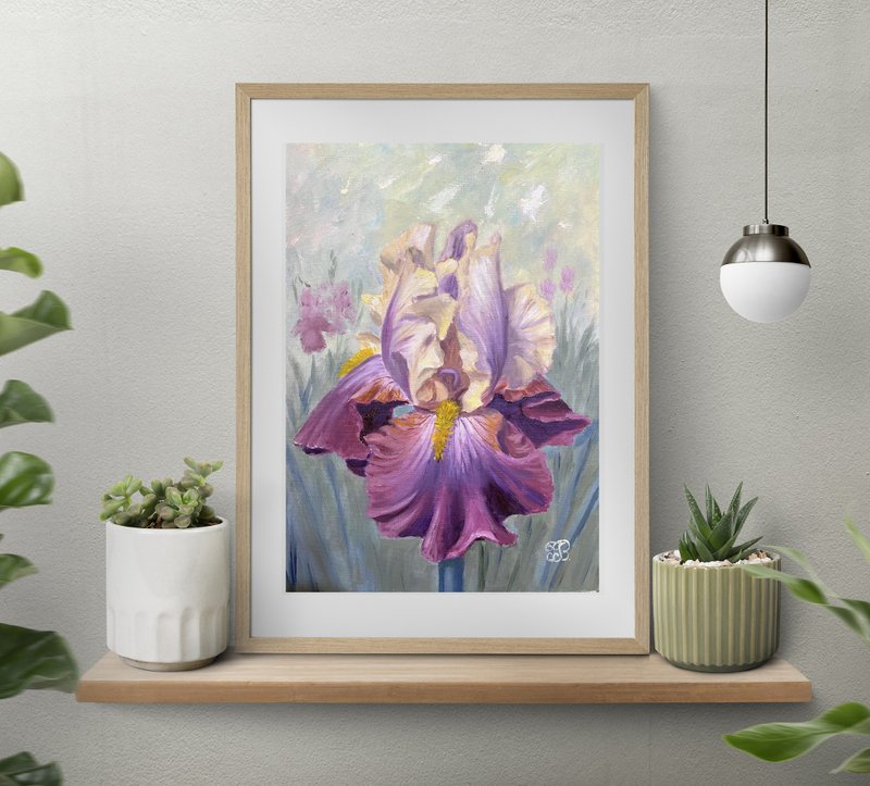 Original Oil Painting of Irirs Flower Realistic Floral Art 30 x 20 cm - 壁貼/牆壁裝飾 - 紙 紫色