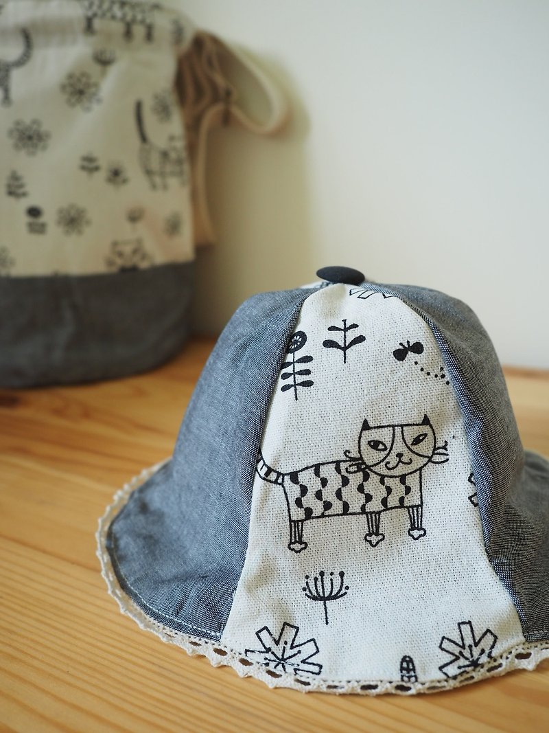 雙面棉質灰色小貓圖案x灰色幾何圖案帽子 尺寸適合嬰兒小童成人 - 帽子 - 棉．麻 灰色