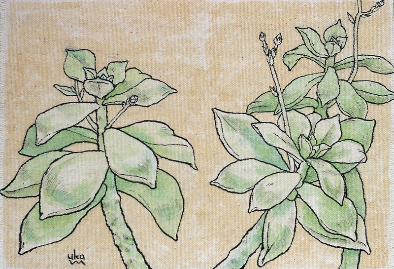 多肉植物　原画 - 畫框/相架  - 棉．麻 綠色