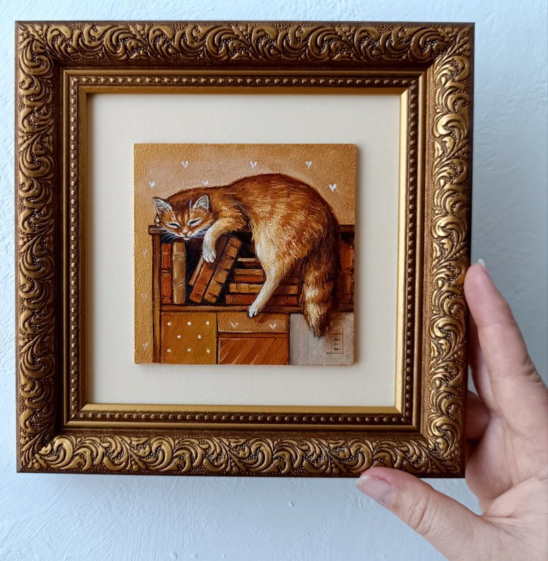 Red Cat oil painting Cat Art 10*10 cm - Illustration, Painting & Calligraphy - Other Metals Gold